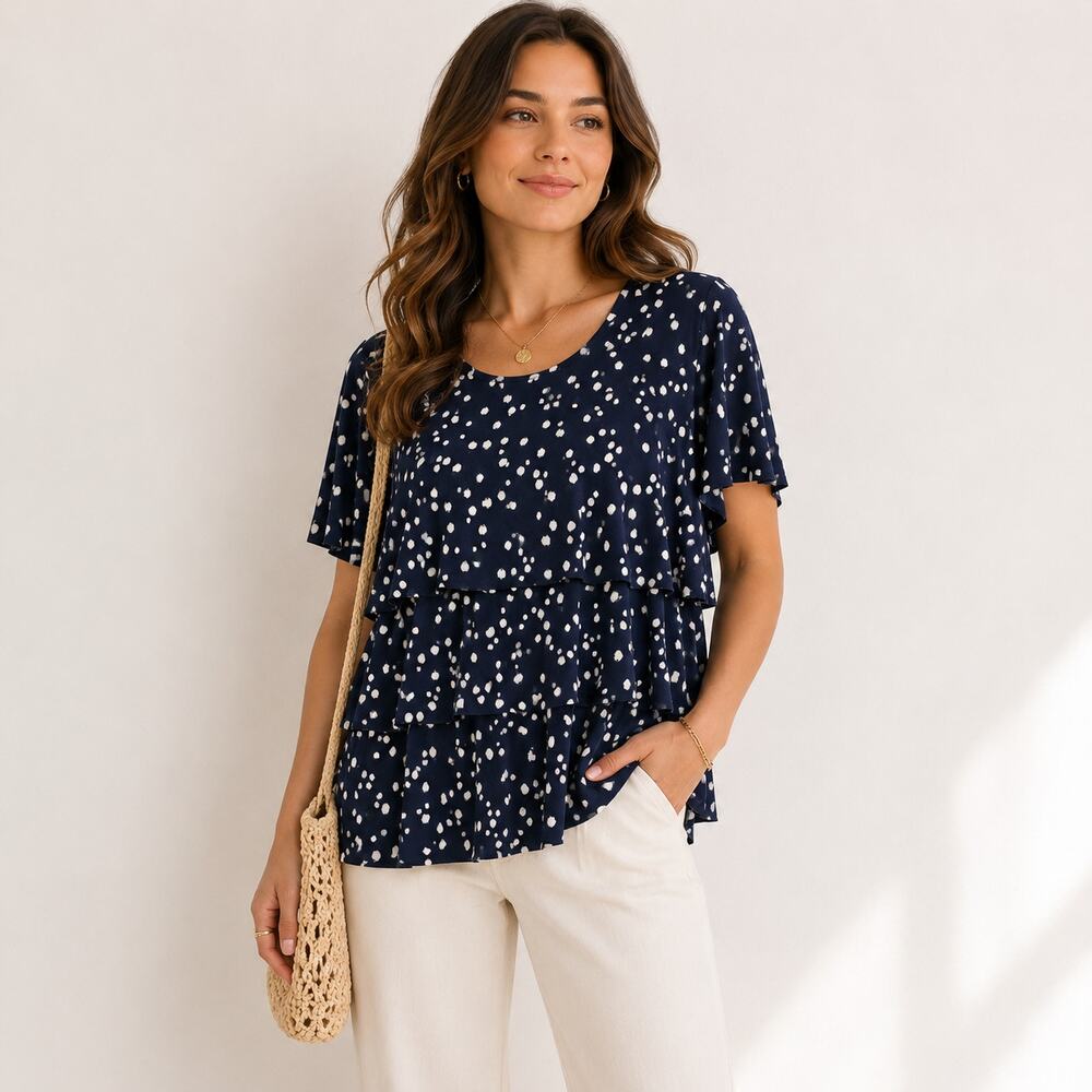 Susan Graver Liquid Knit Tiered Blouse Womens Sz XL Navy Office Special Occasion